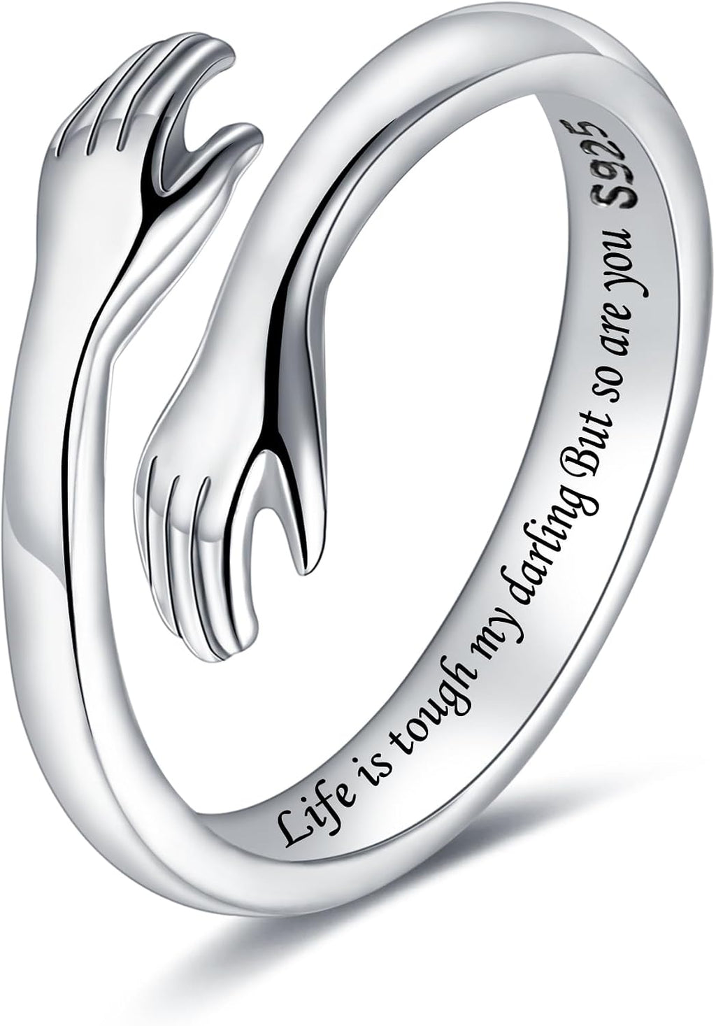 Women's 925 Sterling Silver Hug Ring - Adjustable Hands Band Engraved for Mom, Sister and Grandma in Sizes 6 to 8 - Gold