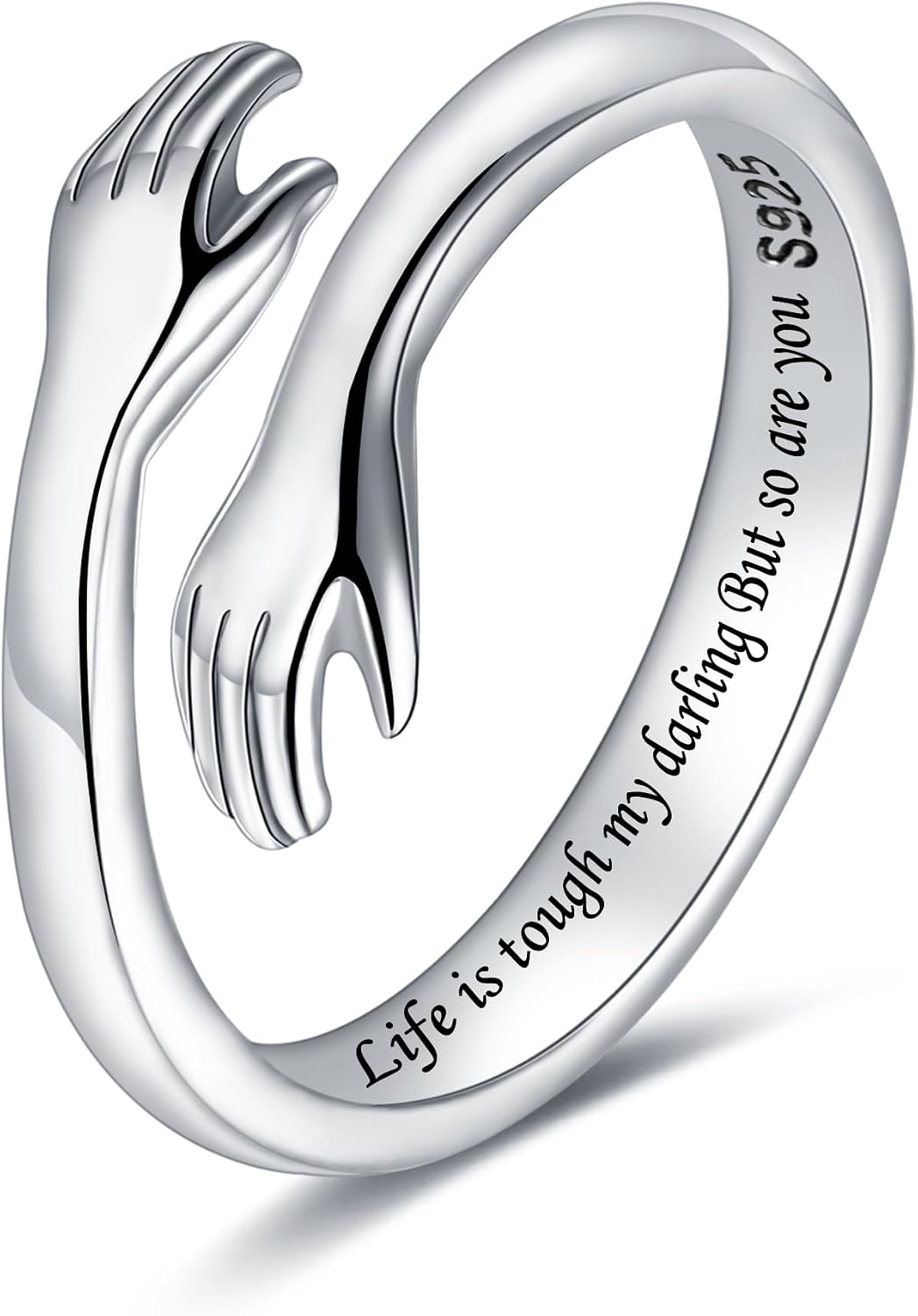 Women's 925 Sterling Silver Hug Ring - Adjustable Hands Band Engraved for Mom, Sister and Grandma in Sizes 6 to 8 - Gold