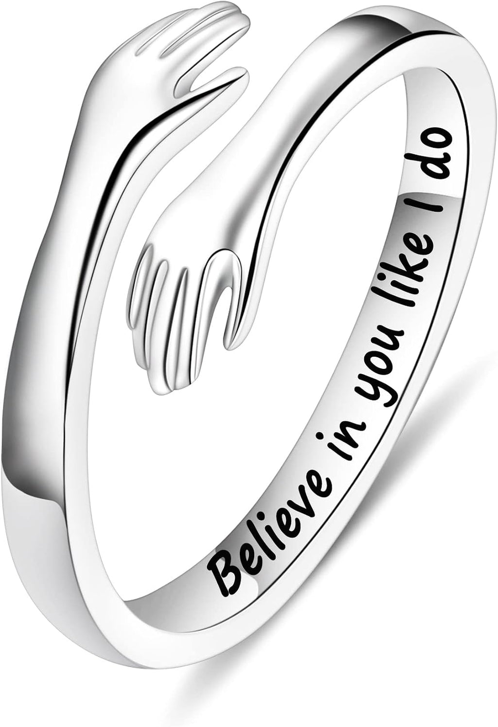Women's 925 Sterling Silver Hug Ring - Adjustable Engraved Band with Hugging Hands for Mom, Sister and Teen Girls