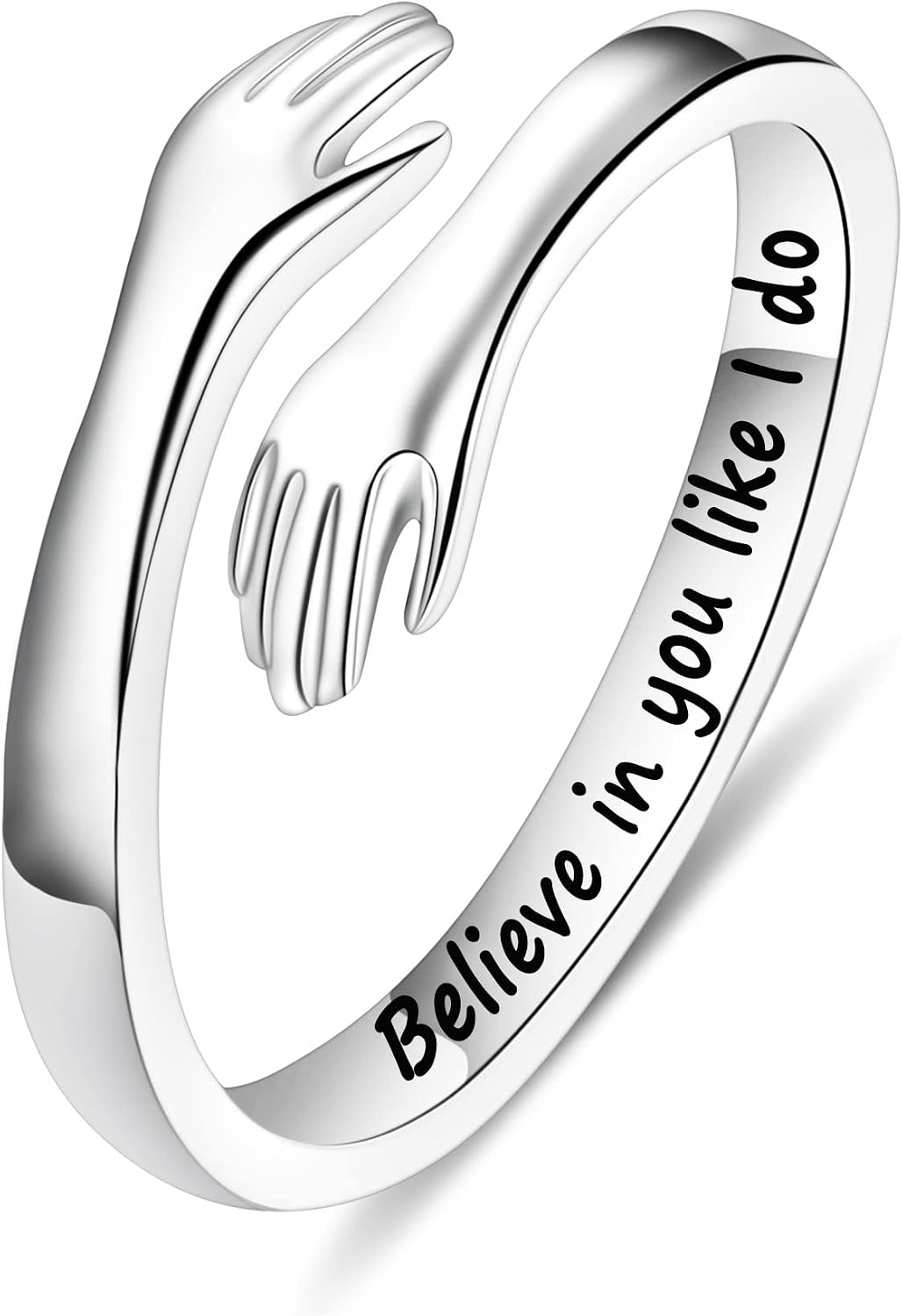 Women's 925 Sterling Silver Hug Ring - Adjustable Engraved Band with Hugging Hands for Mom, Sister and Teen Girls