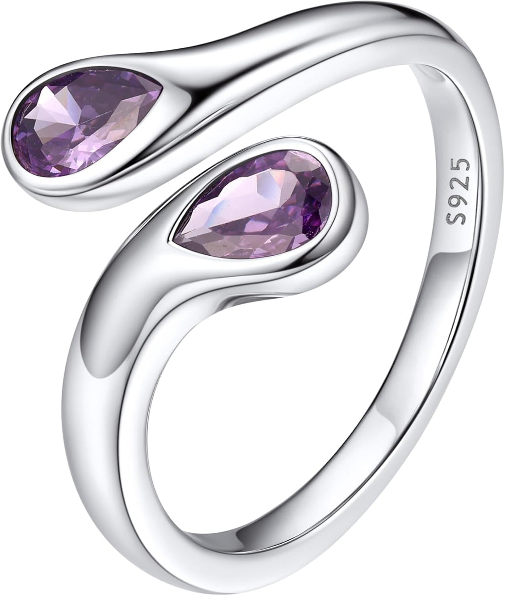 Women's Sterling Silver Birthstone Teardrop Ring - Open Adjustable Toi et Moi Band with a Monthly Stone for Promise Gift