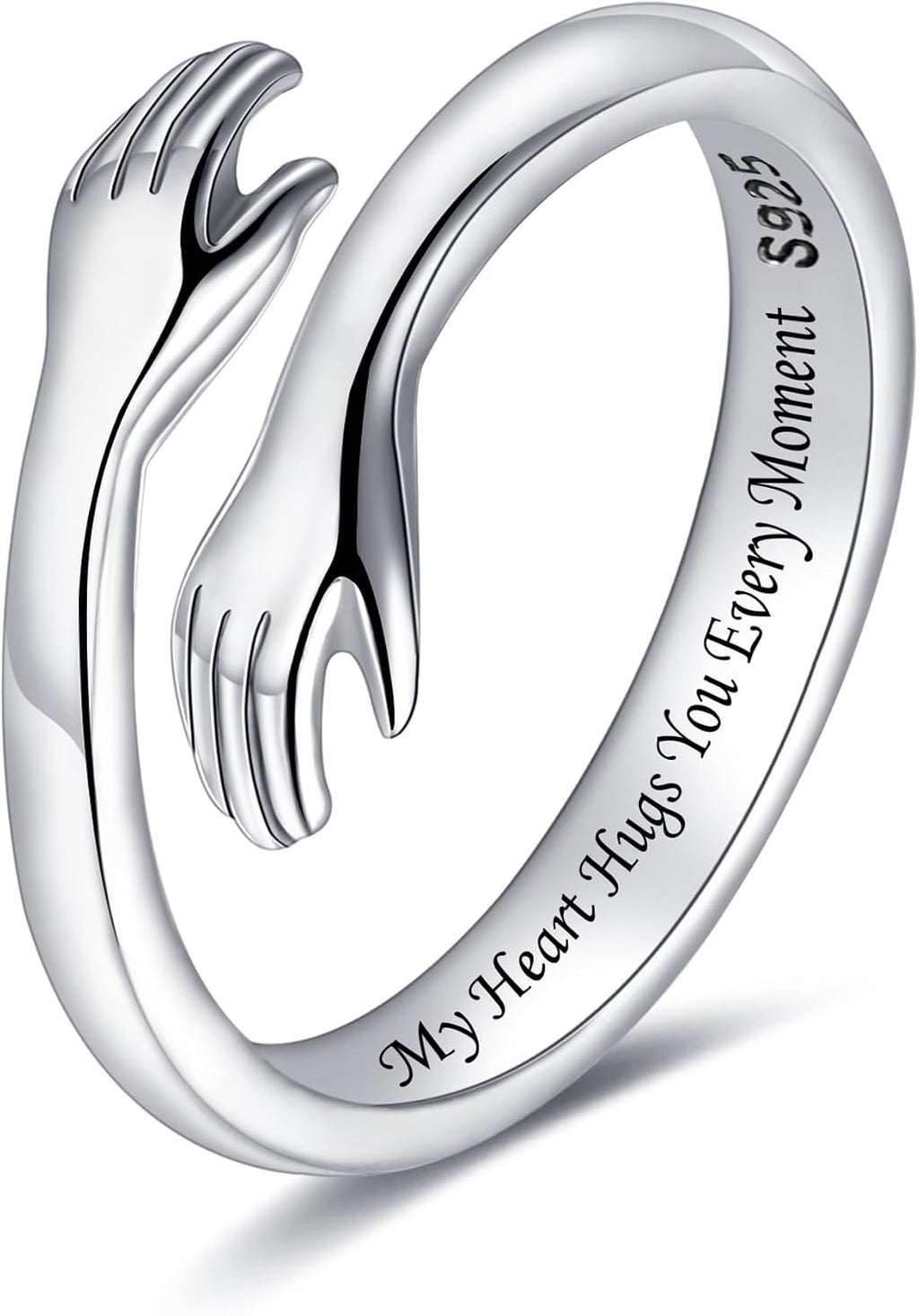 Women's 925 Sterling Silver Hug Ring - Adjustable Hands Band Engraved for Mom, Sister and Grandma in Sizes 6 to 8 - Doub