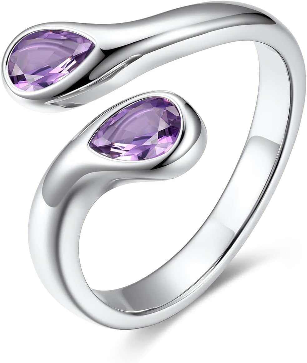 Women's Sterling Silver Birthstone Teardrop Ring - Open Adjustable Toi et Moi Band with a Monthly Stone for Promise Gift