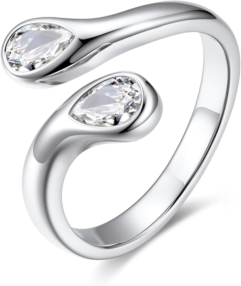 Women's Sterling Silver Birthstone Teardrop Ring - Open Adjustable Toi et Moi Band with a Monthly Stone for Promise Gift