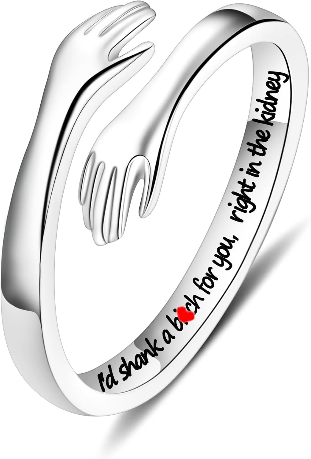 Women's 925 Sterling Silver Hug Ring - Adjustable Engraved Band with Hugging Hands for Mom, Sister and Teen Girls - "Alw