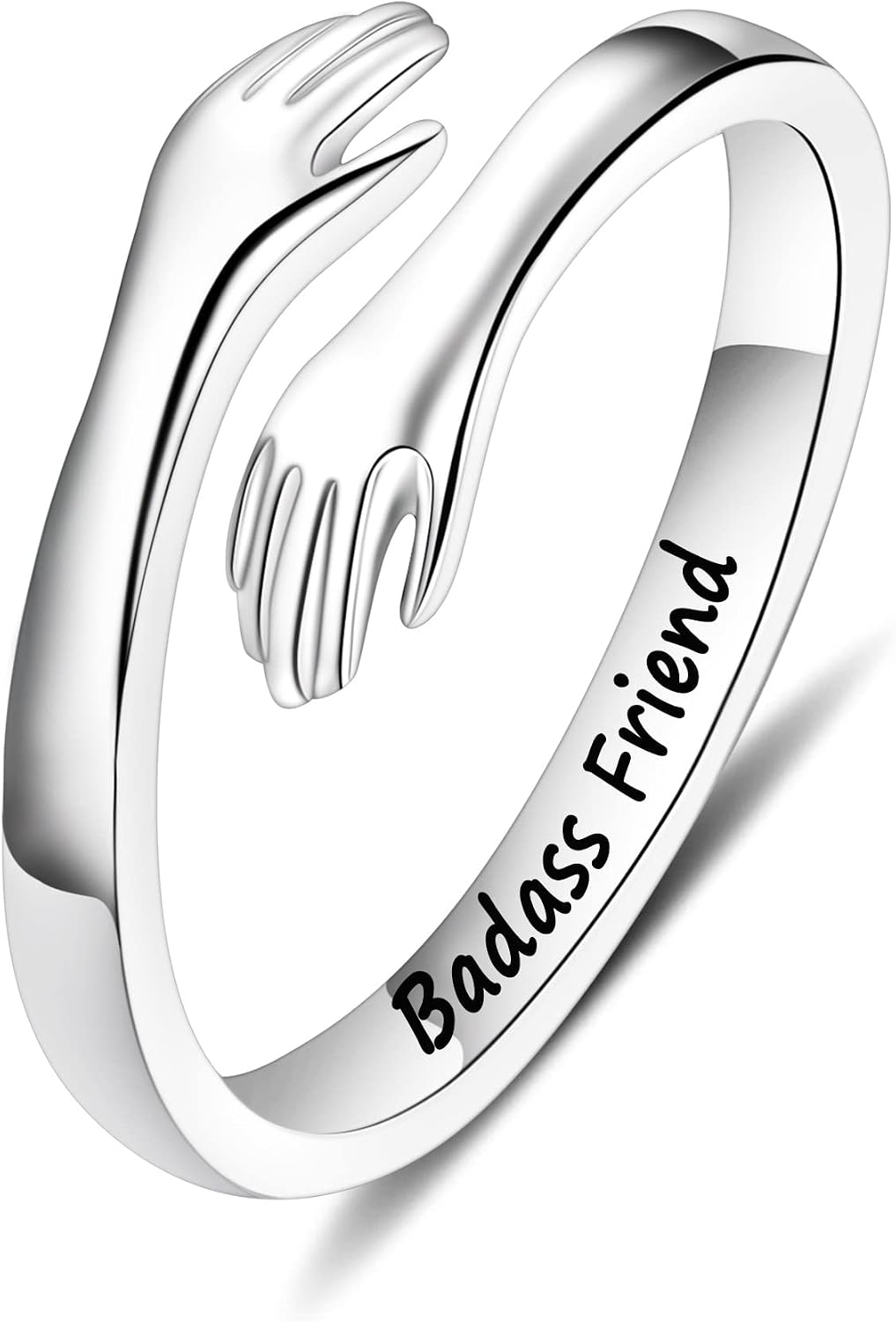 Women's 925 Sterling Silver Hug Ring - Adjustable Engraved Band with Hugging Hands for Mom, Sister and Teen Girls - Do N