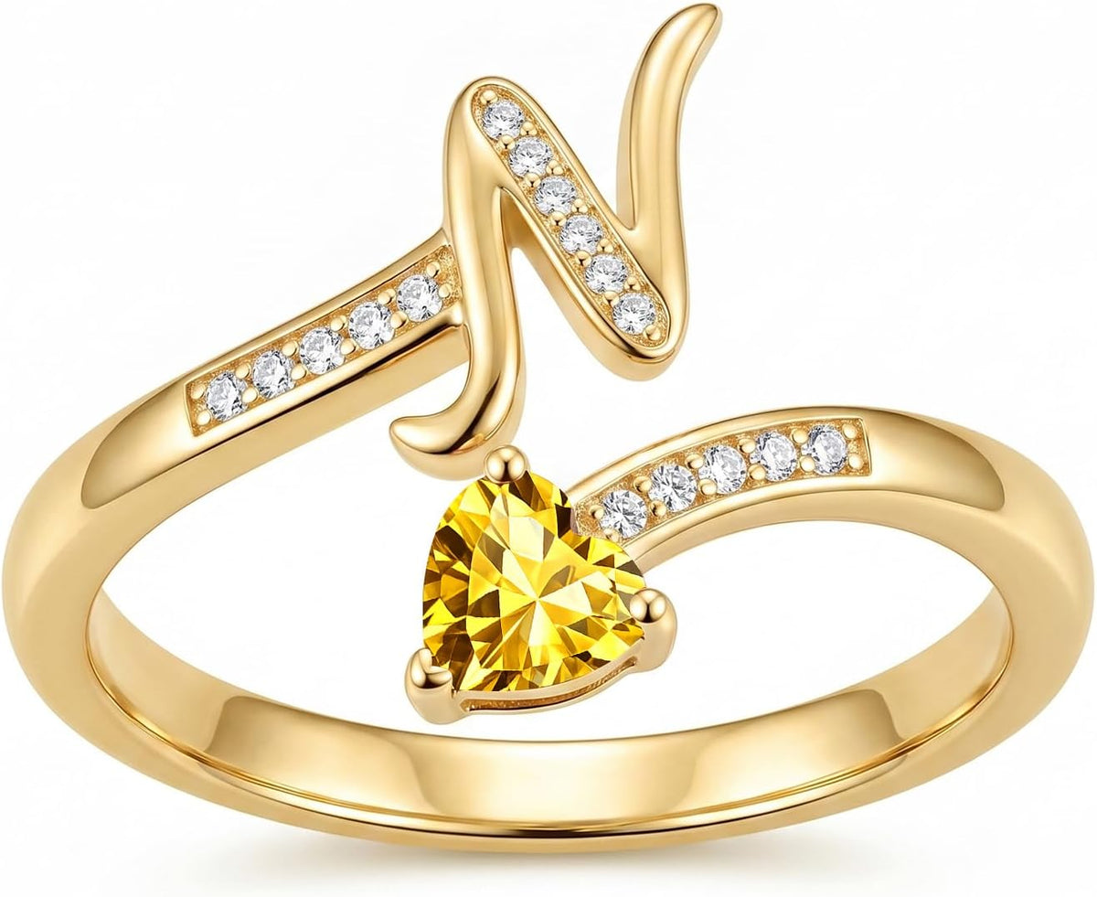 Women's 18K Gold Plated Initial Birthstone Ring - Adjustable A to Z Letter Band with a Monthly Stone in Sizes 6 to 8 - G