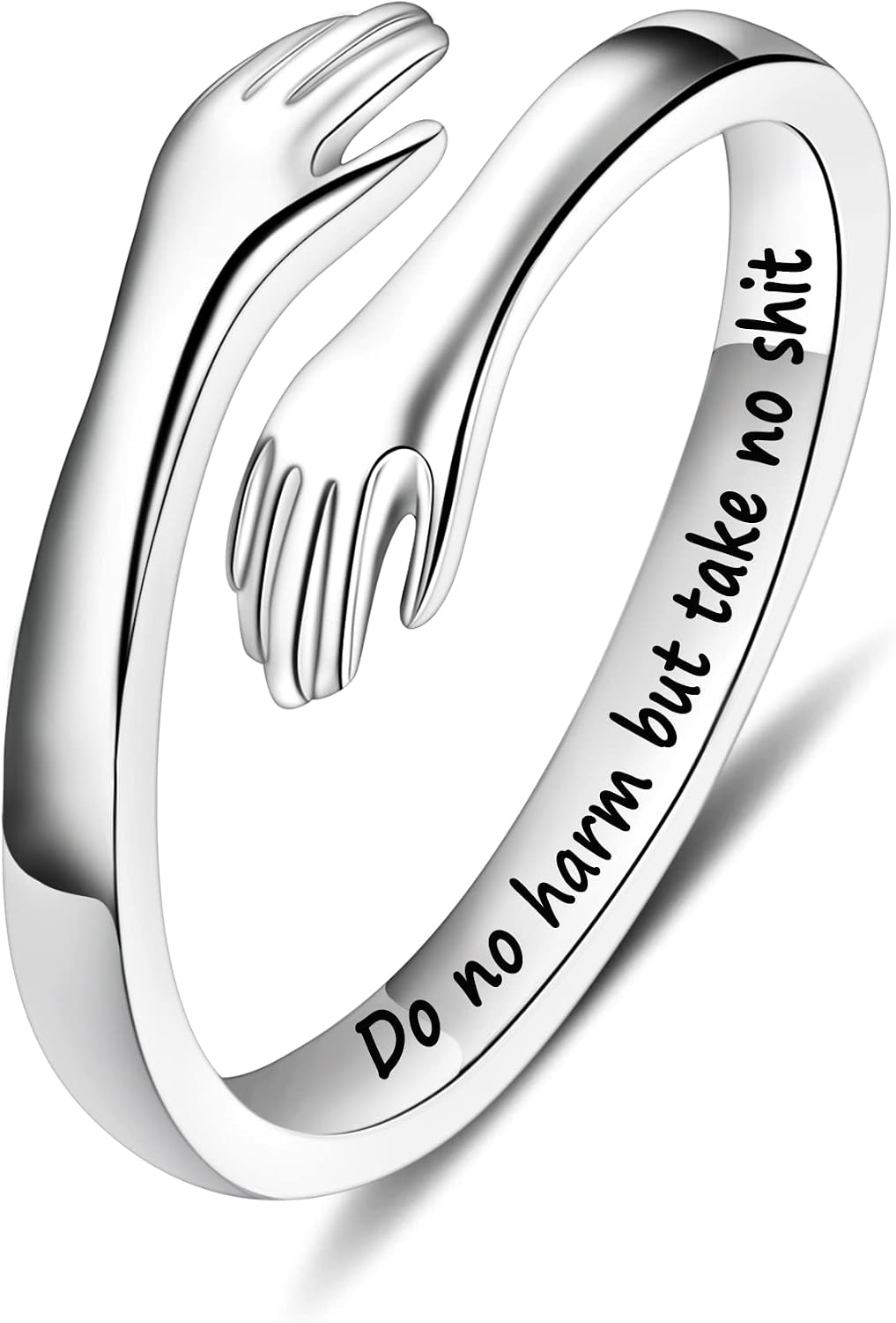 Women's 925 Sterling Silver Hug Ring - Adjustable Engraved Band with Hugging Hands for Mom, Sister and Teen Girls