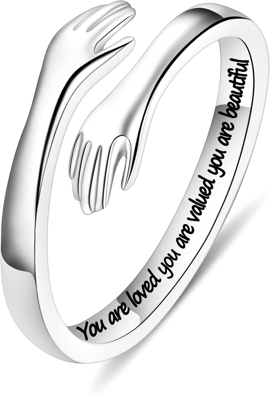 Women's 925 Sterling Silver Hug Ring - Adjustable Engraved Band with Hugging Hands for Mom, Sister and Teen Girls - " Al