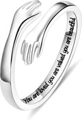 Women's 925 Sterling Silver Hug Ring - Adjustable Engraved Band with Hugging Hands for Mom, Sister and Teen Girls - " Al