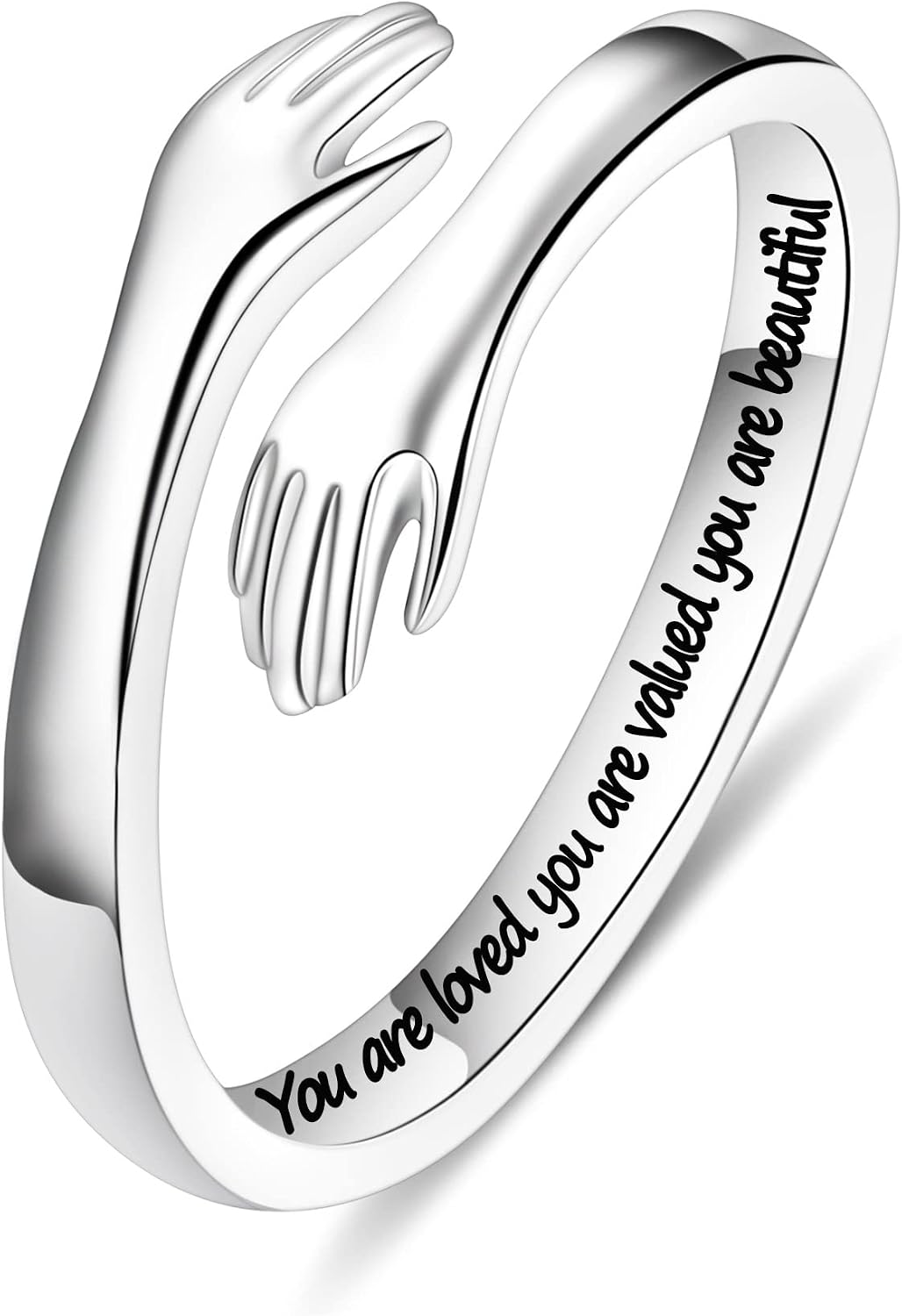 Women's 925 Sterling Silver Hug Ring - Adjustable Engraved Band with Hugging Hands for Mom, Sister and Teen Girls - " Al