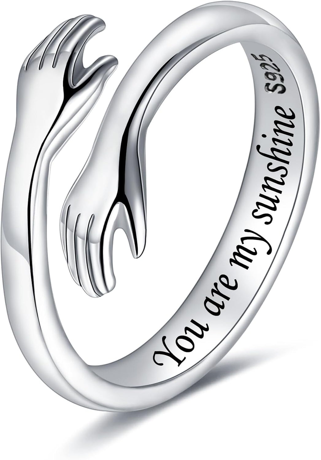 Women's 925 Sterling Silver Hug Ring - Adjustable Hands Band Engraved for Mom, Sister and Grandma in Sizes 6 to 8 - Do n