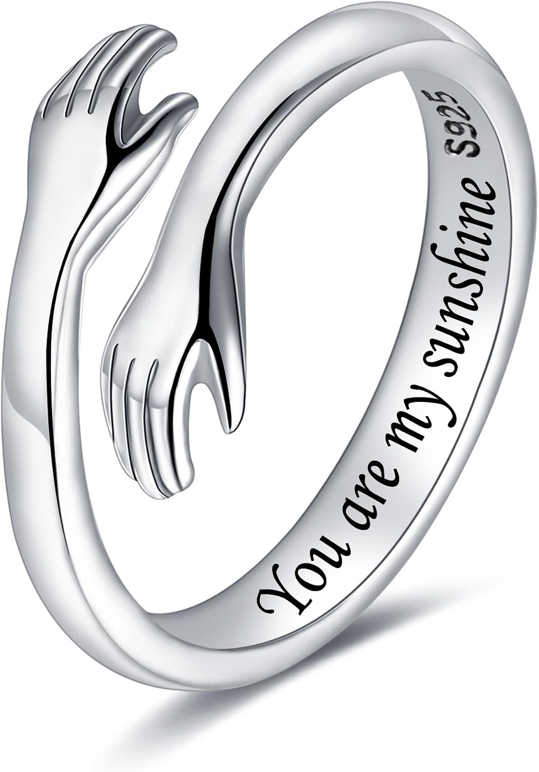 Women's 925 Sterling Silver Hug Ring - Adjustable Hands Band Engraved for Mom, Sister and Grandma in Sizes 6 to 8 - Do n