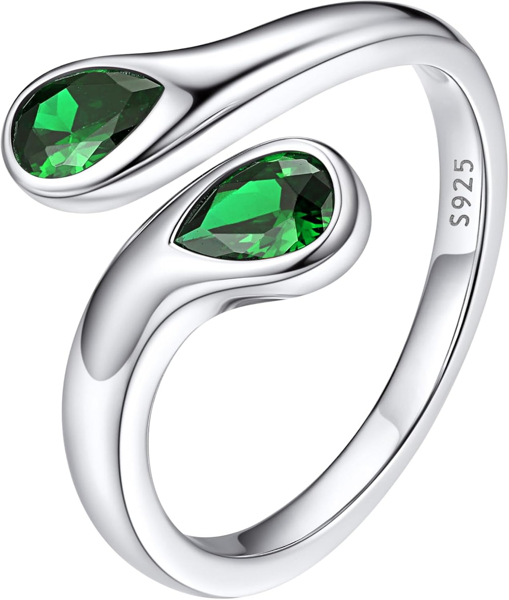 Women's Sterling Silver Birthstone Teardrop Ring - Open Adjustable Toi et Moi Band with a Monthly Stone for Promise Gift