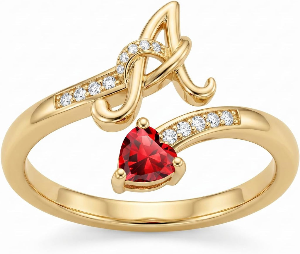 Women's 18K Gold Plated Initial Birthstone Ring - Adjustable A to Z Letter Band with a Monthly Stone in Sizes 6 to 8