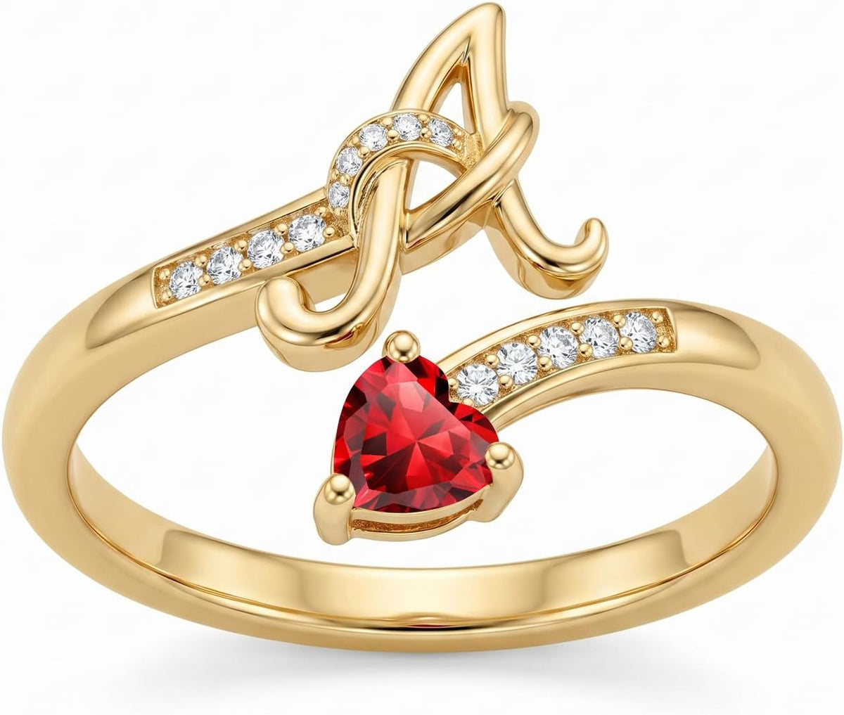 Women's 18K Gold Plated Initial Birthstone Ring - Adjustable A to Z Letter Band with a Monthly Stone in Sizes 6 to 8