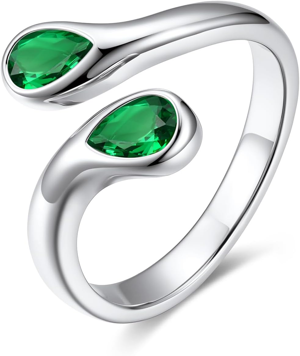 Women's Sterling Silver Birthstone Teardrop Ring - Open Adjustable Toi et Moi Band with a Monthly Stone for Promise Gift