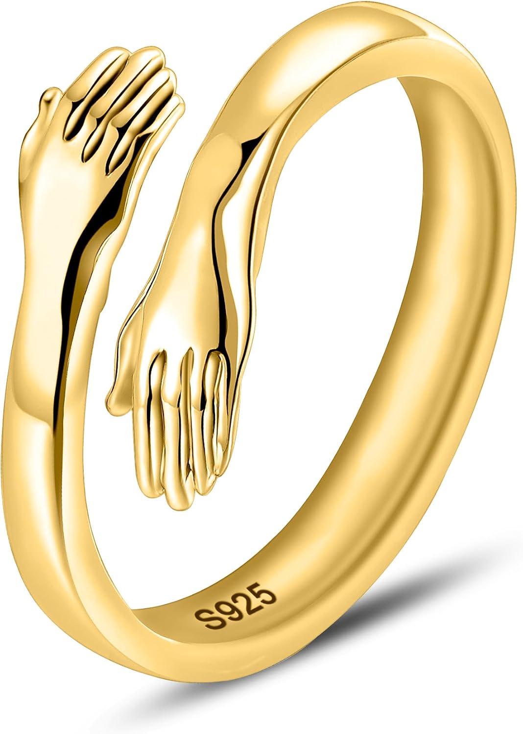 Women's 925 Sterling Silver Hug Ring - Adjustable Hands Band Engraved for Mom, Sister and Grandma in Sizes 6 to 8 - Doub
