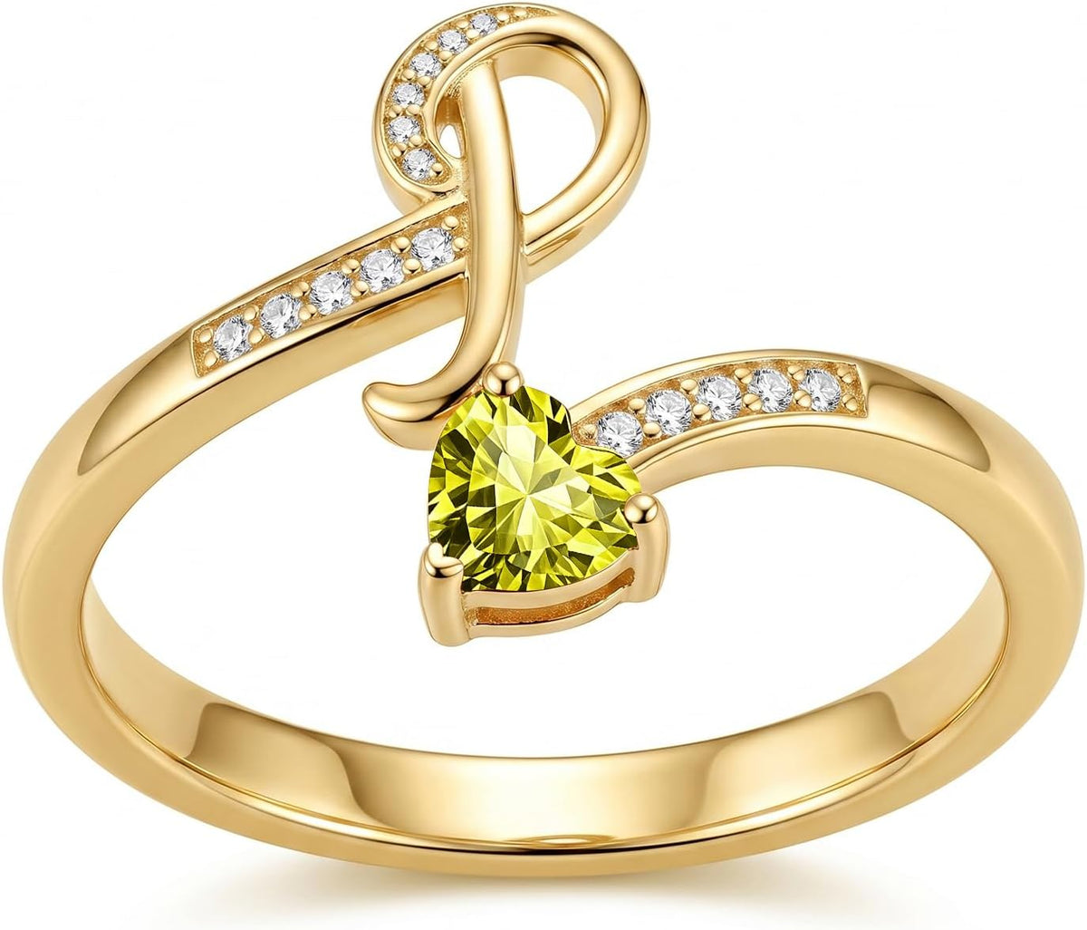 Women's 18K Gold Plated Initial Birthstone Ring - Adjustable A to Z Letter Band with a Monthly Stone in Sizes 6 to 8 - G