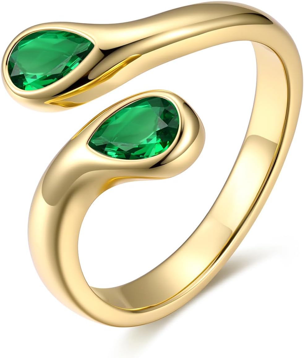 Women's Sterling Silver Birthstone Teardrop Ring - Open Adjustable Toi et Moi Band with a Monthly Stone for Promise Gift