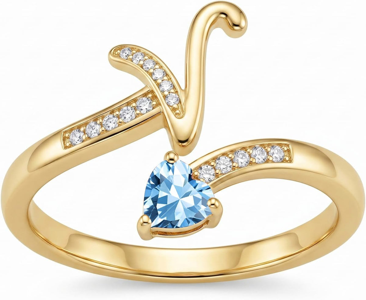 Women's 18K Gold Plated Initial Birthstone Ring - Adjustable A to Z Letter Band with a Monthly Stone in Sizes 6 to 8 - G
