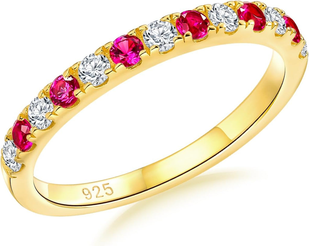 Women's Birthstone Half Eternity Band - 925 Sterling Silver 2.7 mm Ring with Created Gemstones in Sizes 6 to 10 - Pink S