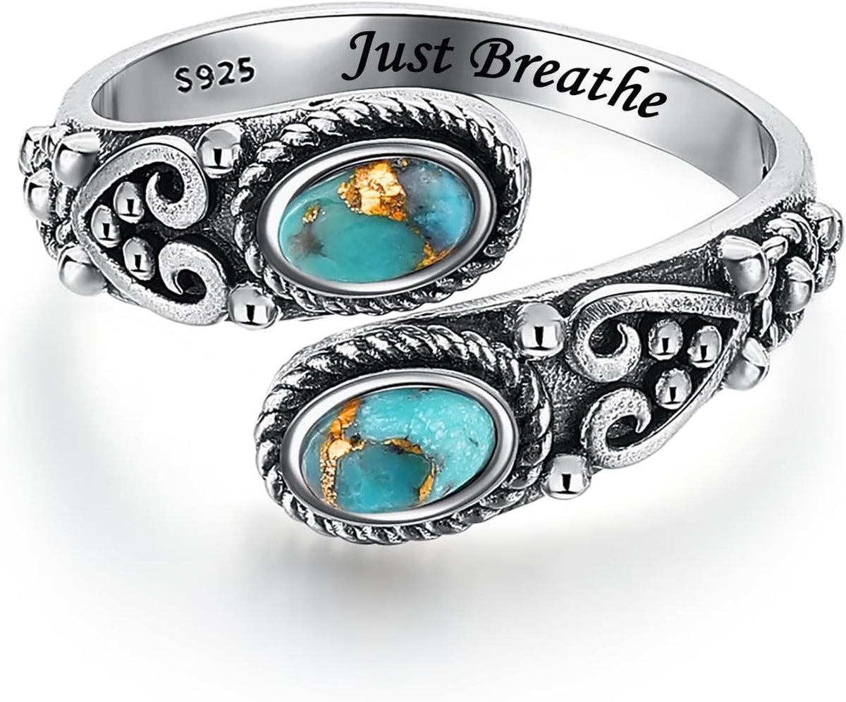 Women's Just Breathe Spoon Ring - 925 Sterling Silver Turquoise Vintage Band, Hypoallergenic and Adjustable in Sizes 6 t