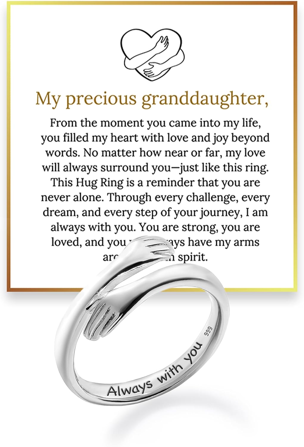 Granddaughter's Hug Ring - 999 Pure Silver and Stainless Steel Adjustable Band Engraved Always With You for Birthday Gif