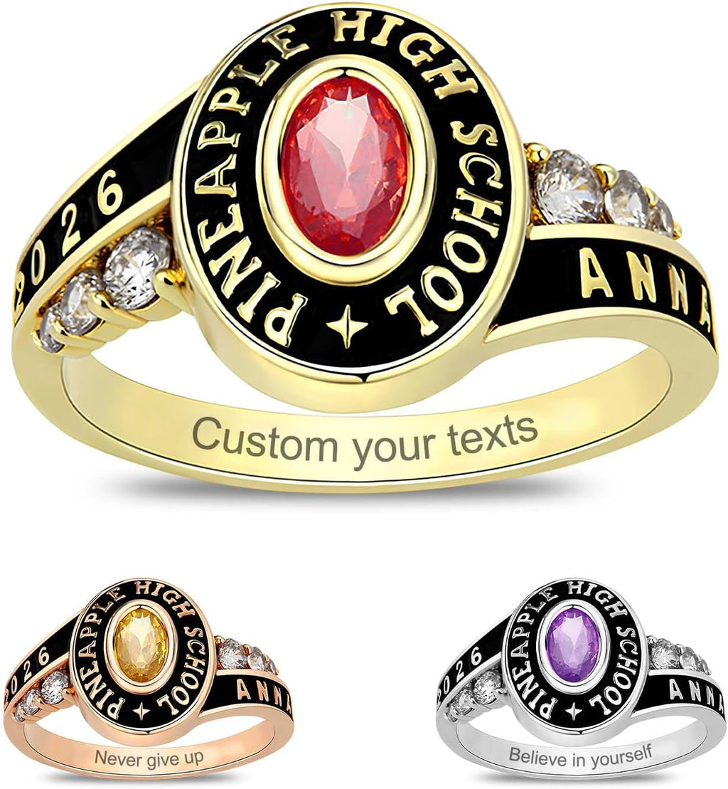 Custom Class Ring - Personalized Graduation Band with a Birthstone, Name and School Year for the Class of 2027 - Style 8