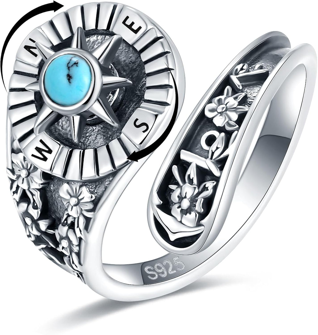 Women's Abalone and Turquoise Spoon Ring - Vintage Boho Wrap Band with Dragonfly and Sunflower Motifs for Everyday Wear 