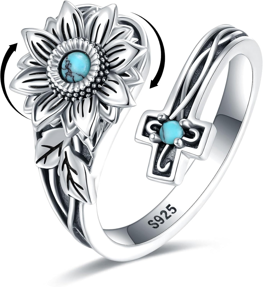 Women's Abalone and Turquoise Spoon Ring - Vintage Boho Wrap Band with Dragonfly and Sunflower Motifs for Everyday Wear 