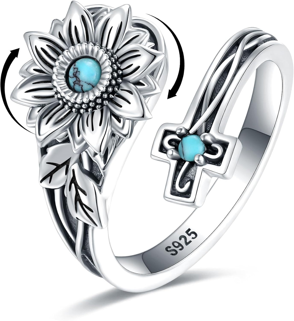 Women's Abalone and Turquoise Spoon Ring - Vintage Boho Wrap Band with Dragonfly and Sunflower Motifs for Everyday Wear 