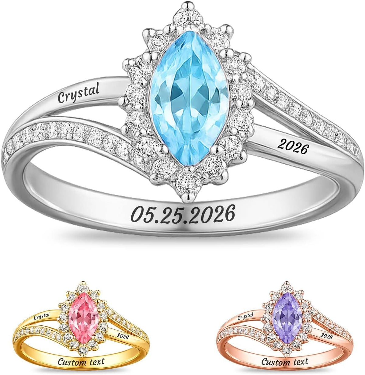 Custom Class Ring - Personalized Graduation Band with a Birthstone, Name and School Year for the Class of 2027 - Style 3