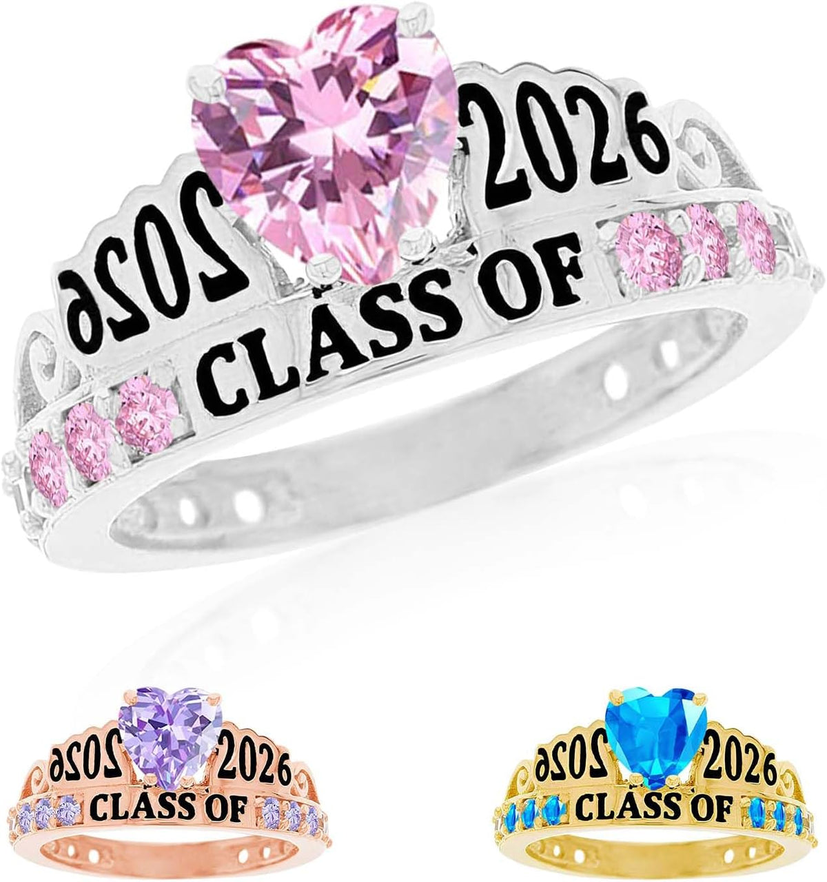 Custom Class Ring - Personalized Graduation Band with a Birthstone, Name and School Year for the Class of 2027 - Style 8