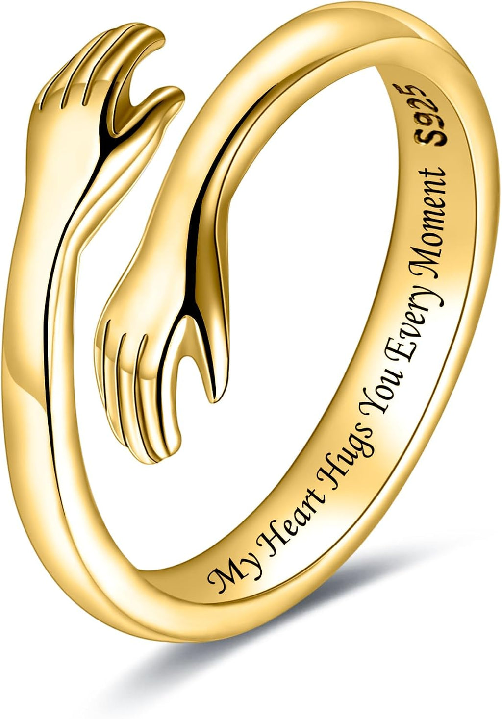 Women's 925 Sterling Silver Hug Ring - Adjustable Hands Band Engraved for Mom, Sister and Grandma in Sizes 6 to 8 - True
