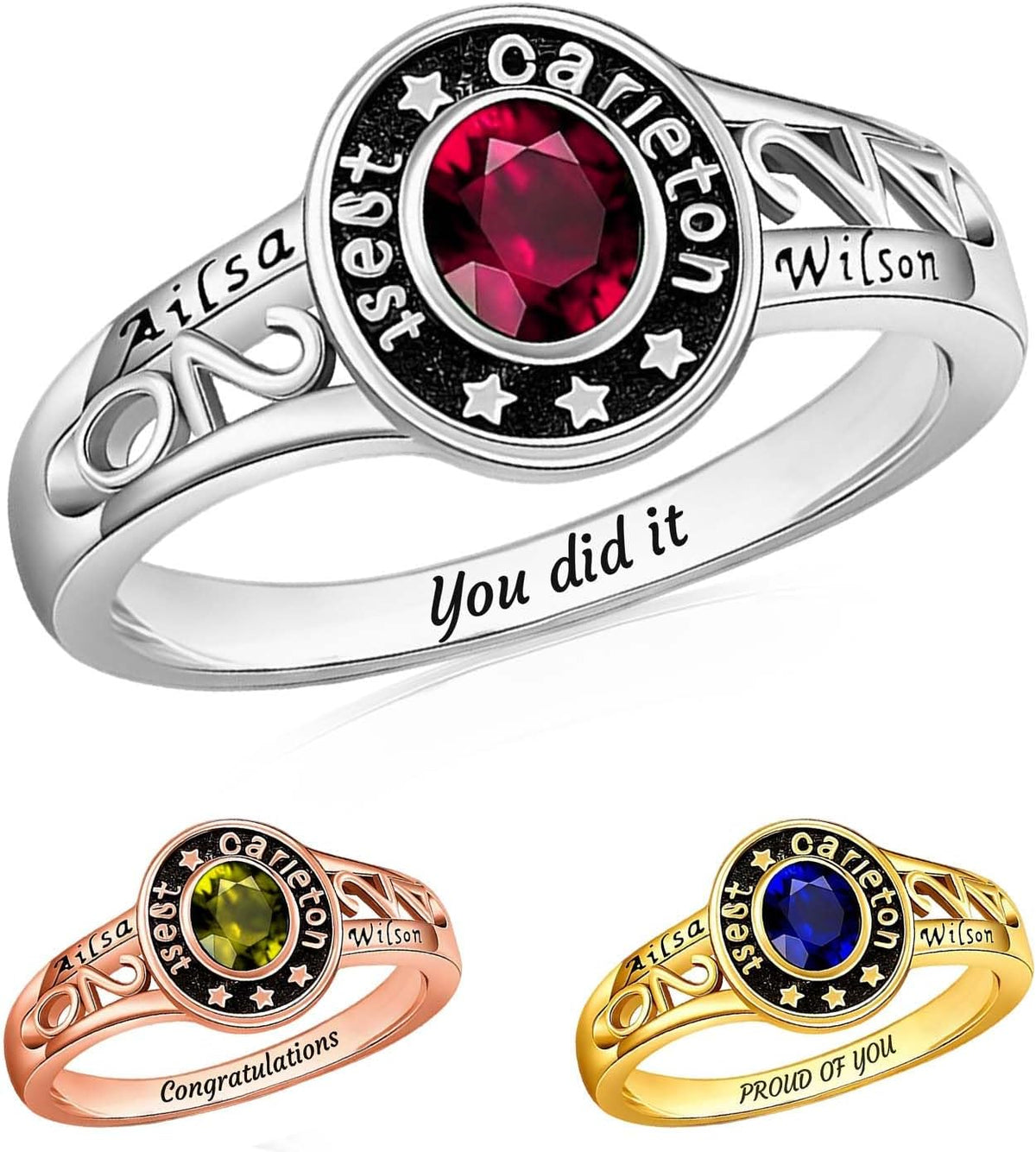 Custom Class Ring - Personalized Graduation Band with a Birthstone, Name and School Year for the Class of 2027 - Style 4