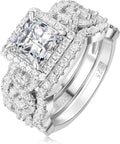 Women's Princess Cut Cubic Zirconia Halo Ring - 925 Sterling Silver Bridal Set with 14K White Gold Plating in Sizes 5 to