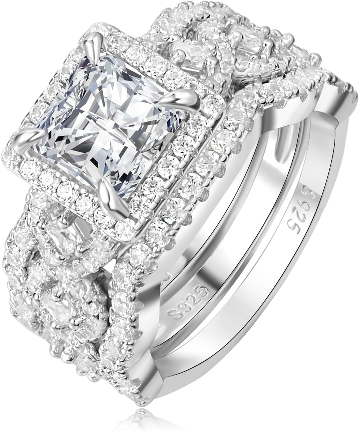Women's Princess Cut Cubic Zirconia Halo Ring - 925 Sterling Silver Bridal Set with 14K White Gold Plating in Sizes 5 to