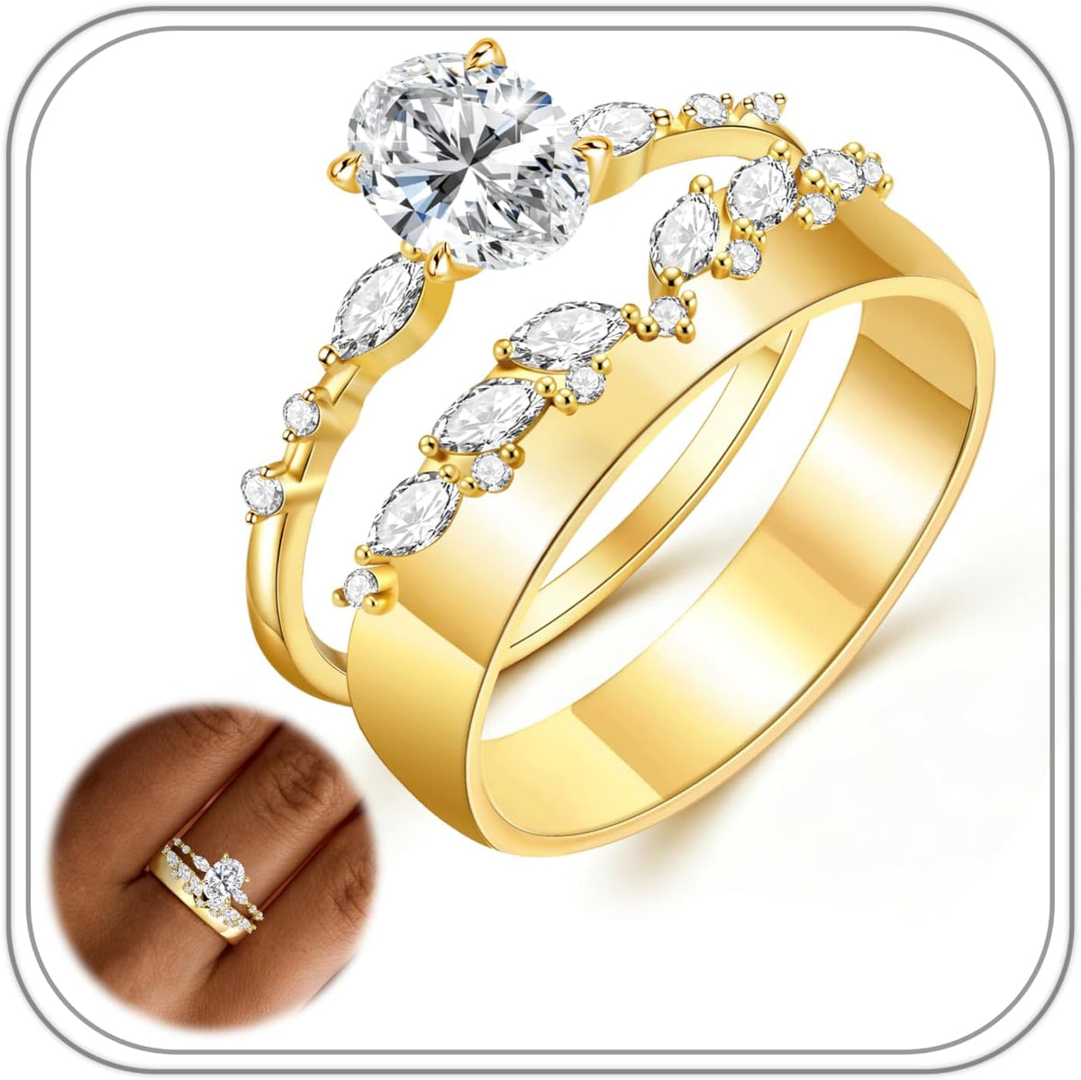 Women's Oval Cubic Zirconia Promise Ring Set - Two Piece Gold Tone Stackable Engagement and Eternity Bands in Sizes 5 to