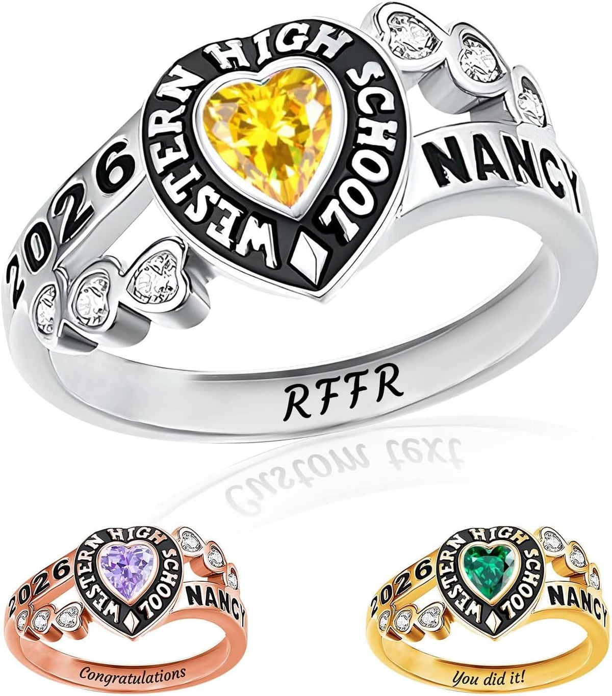 Custom Class Ring - Personalized Graduation Band with a Birthstone, Name and School Year for the Class of 2027
