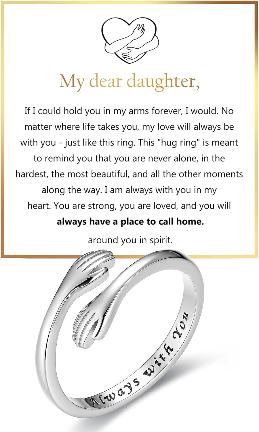 Granddaughter and Daughter Hug Ring - 925 Sterling Silver Adjustable Engraved Band as a Promise Gift from Grandma - BG-h