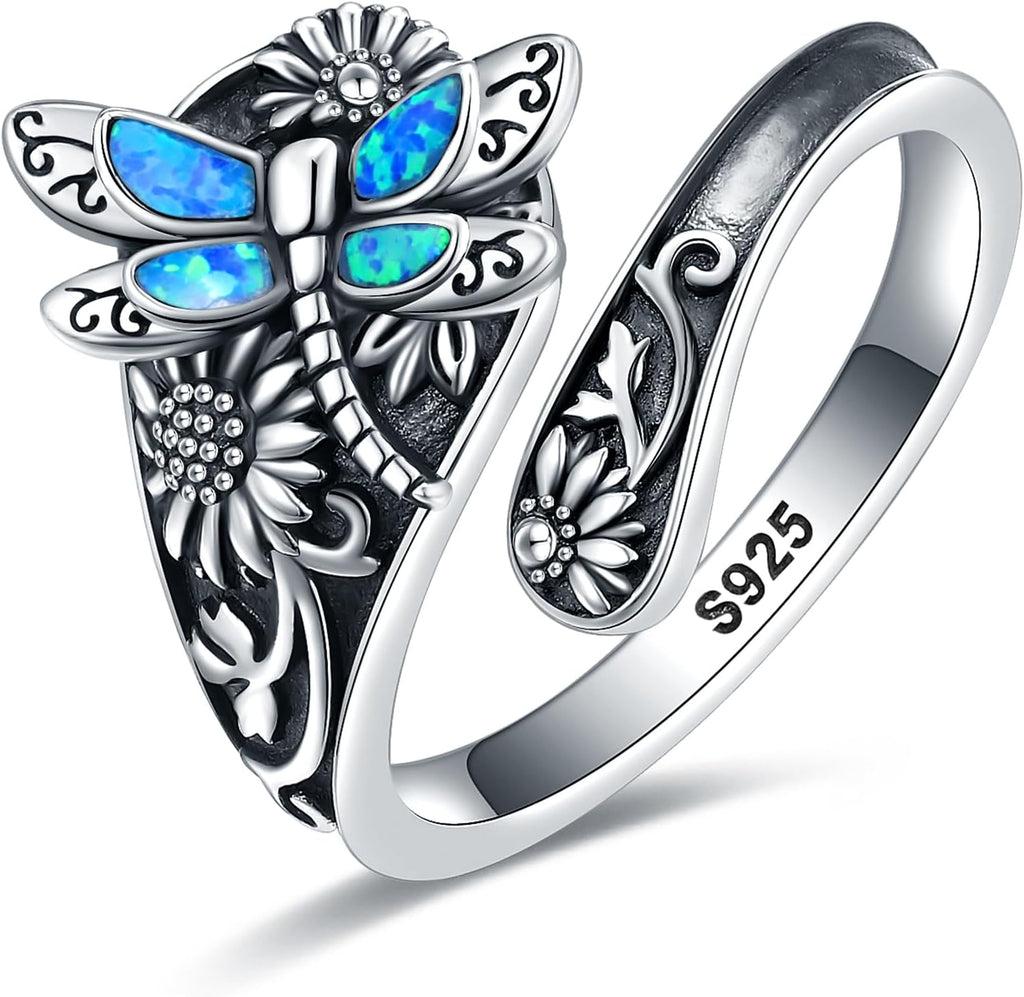 Women's Abalone and Turquoise Spoon Ring - Vintage Boho Wrap Band with Dragonfly and Sunflower Motifs for Everyday Wear 