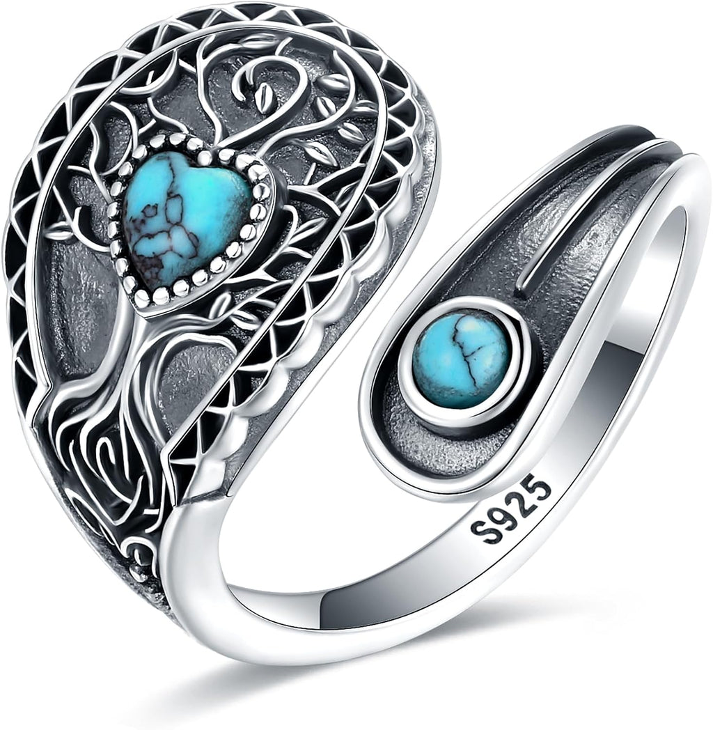 Women's Abalone and Turquoise Spoon Ring - Vintage Boho Wrap Band with Dragonfly and Sunflower Motifs for Everyday Wear 