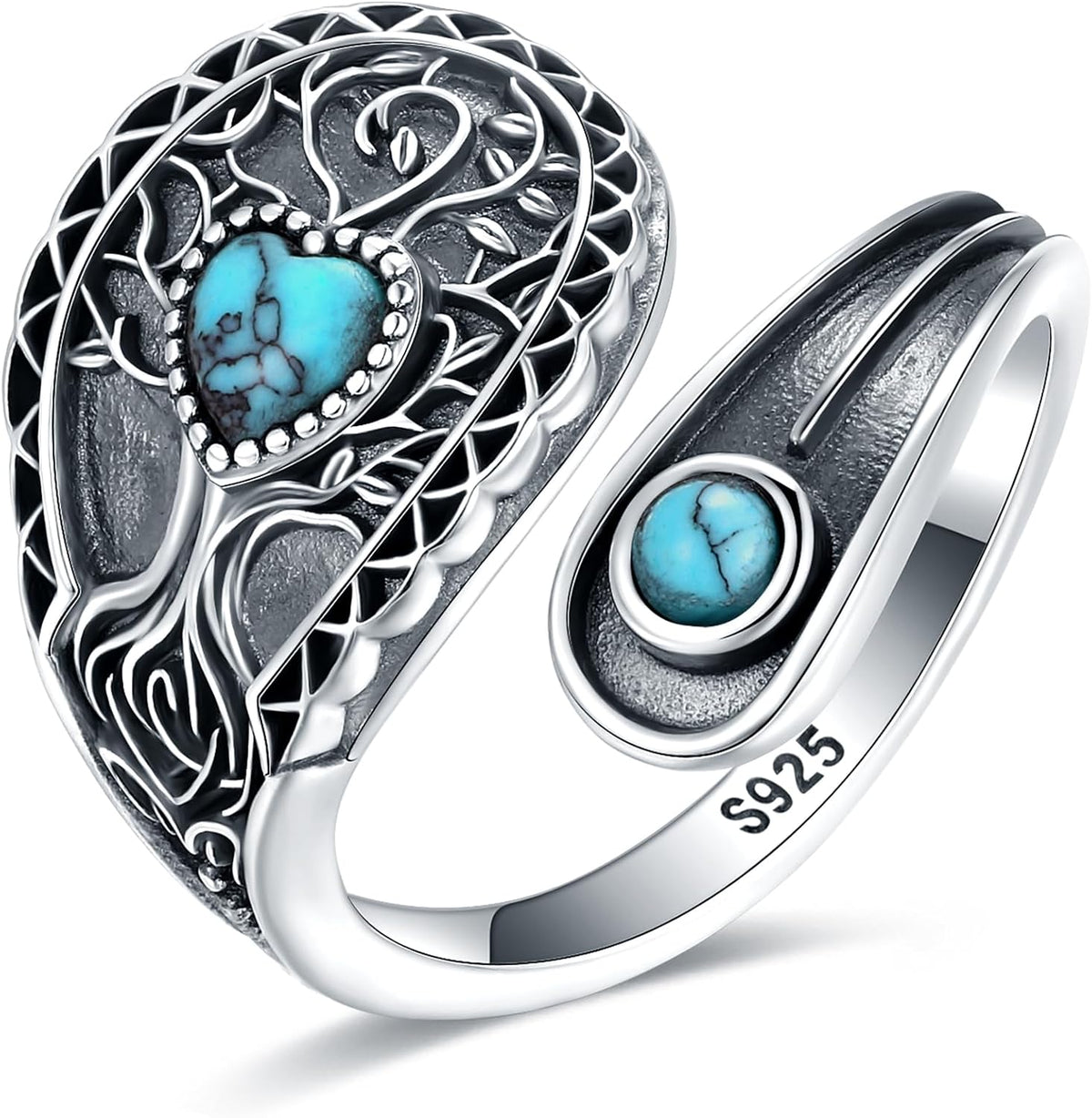 Women's Abalone and Turquoise Spoon Ring - Vintage Boho Wrap Band with Dragonfly and Sunflower Motifs for Everyday Wear 