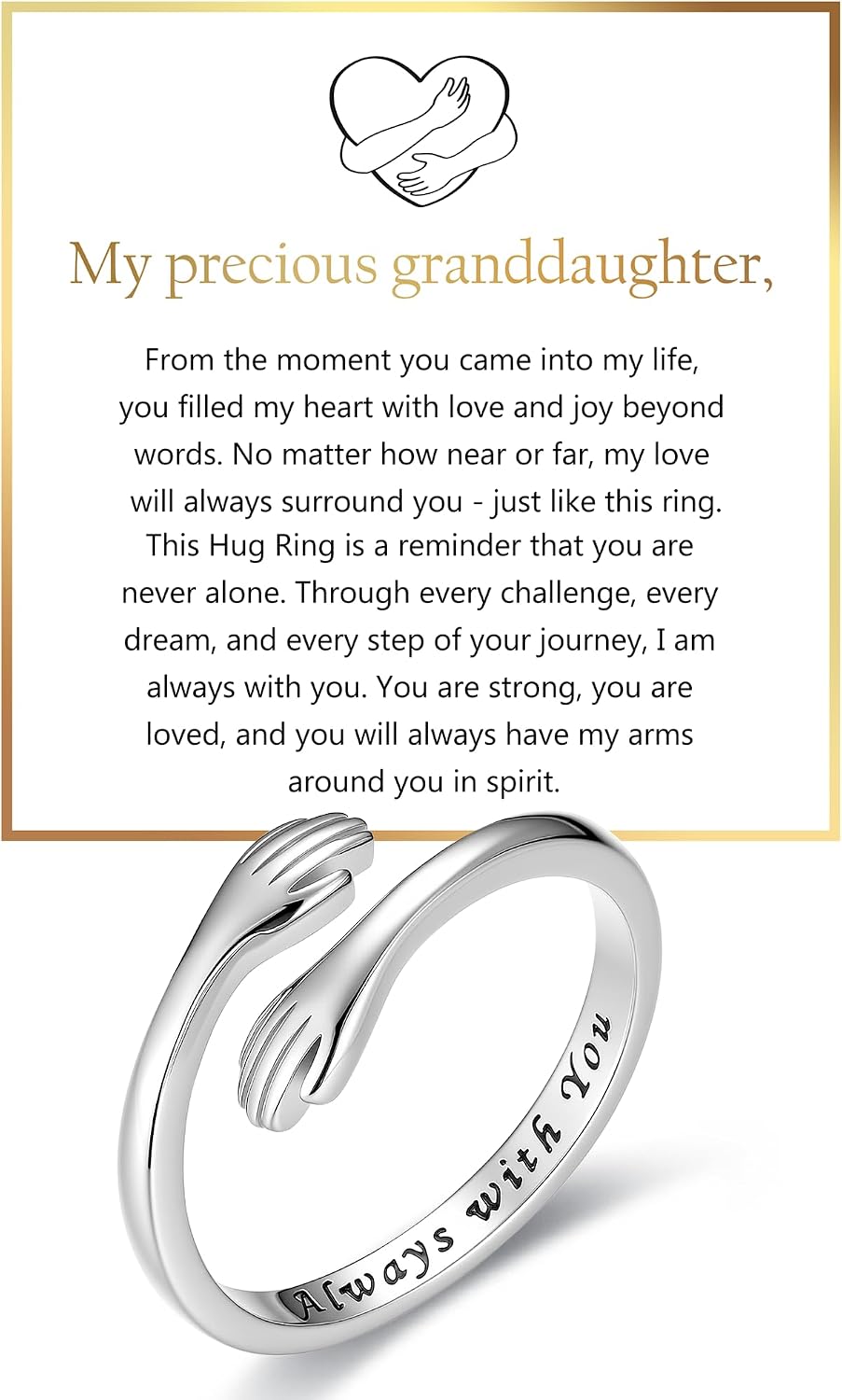 Granddaughter and Daughter Hug Ring - 925 Sterling Silver Adjustable Engraved Band as a Promise Gift from Grandma - BG-g