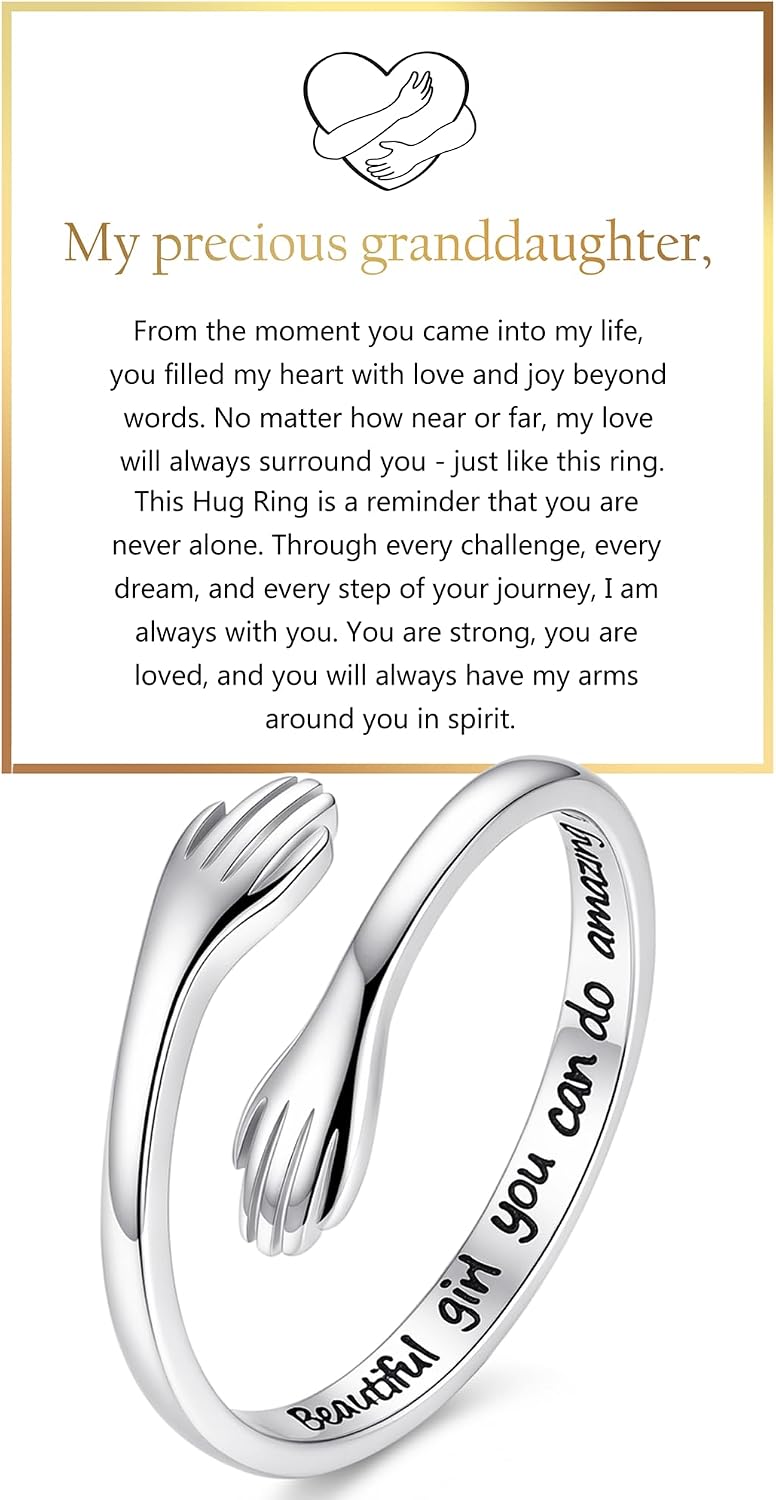 Granddaughter and Daughter Hug Ring - 925 Sterling Silver Adjustable Engraved Band as a Promise Gift from Grandma - Hug 