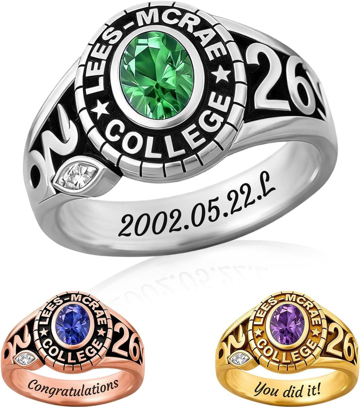 Custom Class Ring - Personalized Graduation Band with a Birthstone, Name and School Year for the Class of 2027 - Style 2