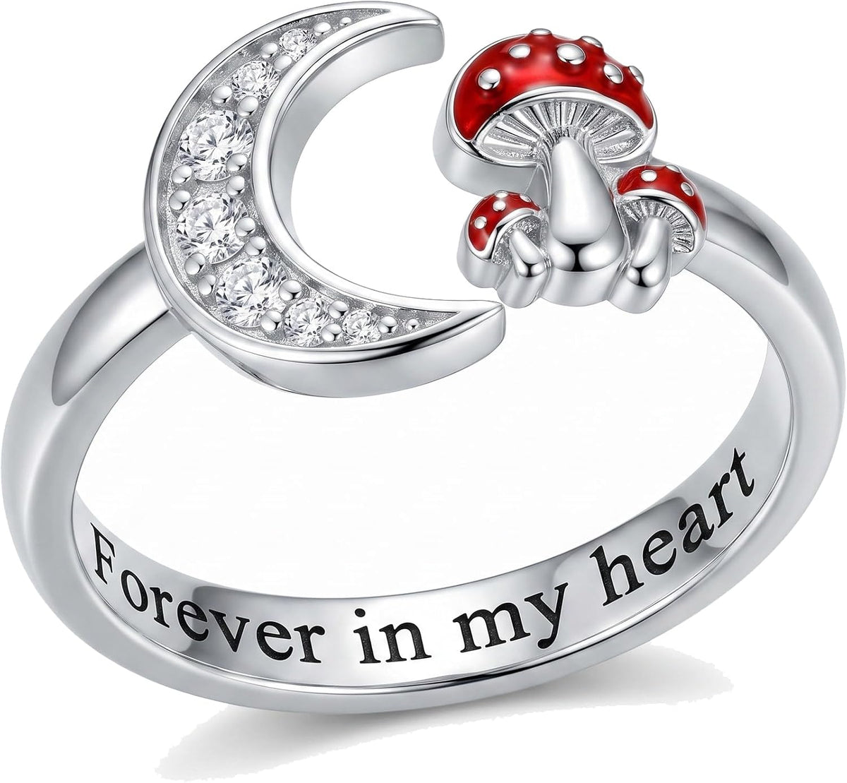 Women's 925 Sterling Silver Mushroom Ring - Red Enamel Cap and Moon Phase Band, Open Adjustable Fit for Birthday Gifting