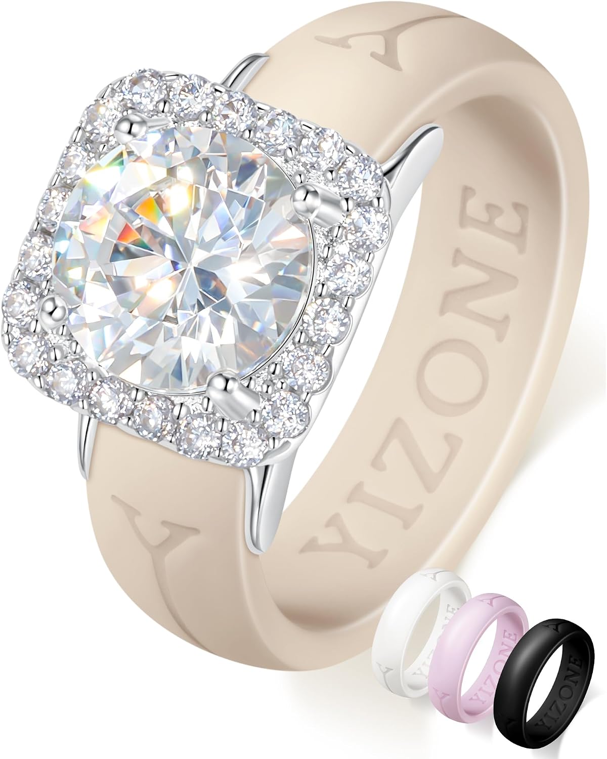 Women's Silicone Ring with Interchangeable Stone - Cubic Zirconia Halo Band in Four Colors for Workouts and Long Shifts 