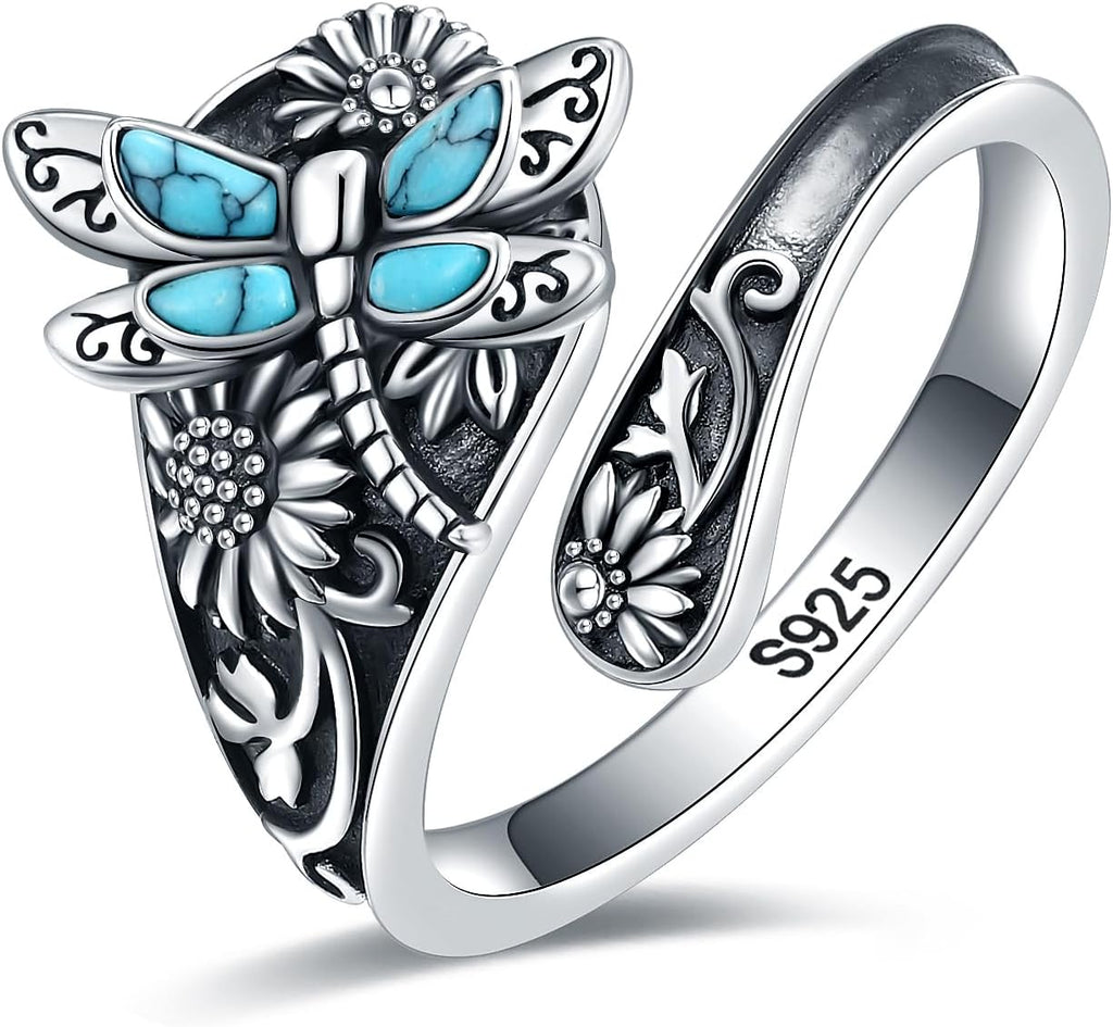 Women's Abalone and Turquoise Spoon Ring - Vintage Boho Wrap Band with Dragonfly and Sunflower Motifs for Everyday Wear 